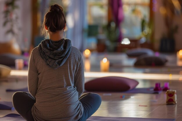 Una donna che frequenta una lezione di yoga prenatale incentrata sulla cura di sé e sulla preparazione alla gravidanza tradizionale