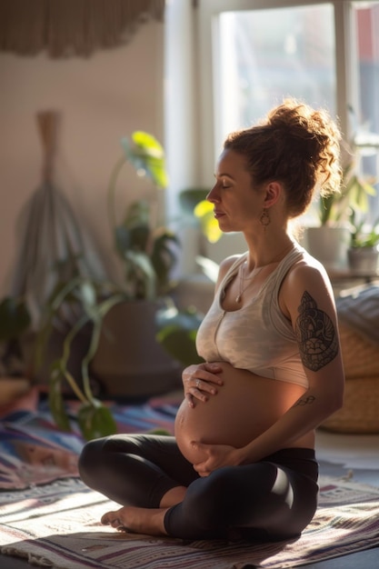 Una donna che frequenta una lezione di yoga prenatale incentrata sulla cura di sé e sulla preparazione alla gravidanza tradizionale