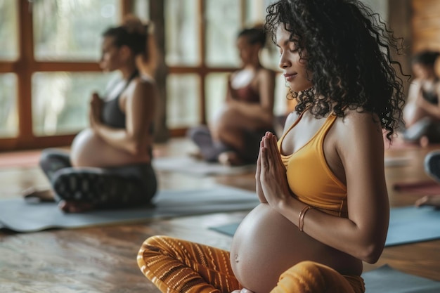 Una donna che frequenta una lezione di yoga prenatale incentrata sulla cura di sé e sulla preparazione alla gravidanza tradizionale