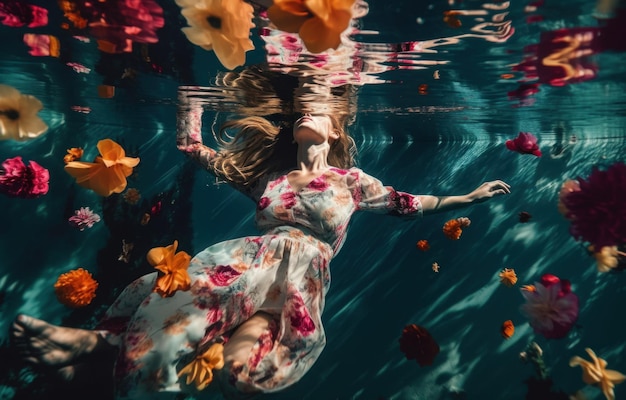 Una donna che galleggia nell'acqua circondata da fiori Immagine generativa AI