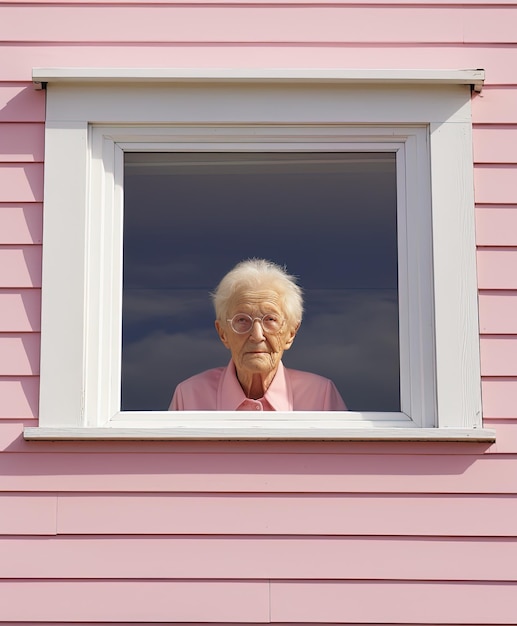una donna che guarda da una finestra con una camicia rosa