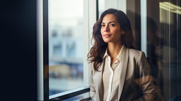 una donna che guarda fuori da una finestra con vista su una città sullo sfondo.