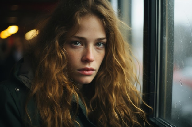 Una donna che guarda fuori dal finestrino di un treno