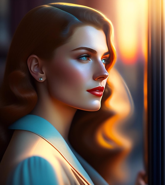 Una donna che guarda fuori dalla finestra al tramonto