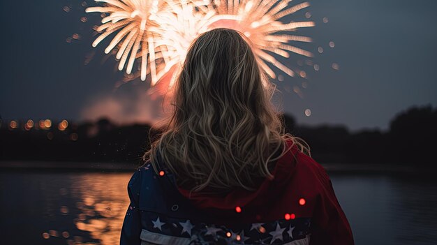 Una donna che guarda i fuochi d'artificio in un lago