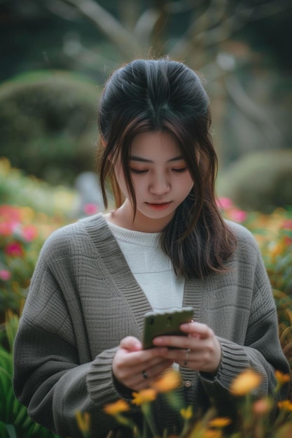 una donna che guarda il suo cellulare in un campo di fiori