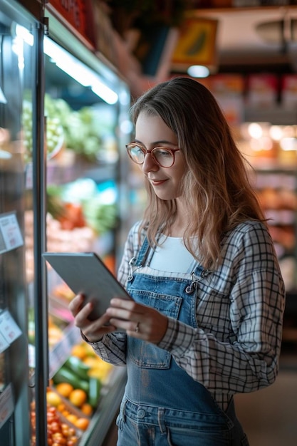 una donna che guarda un tablet in un negozio di alimentari