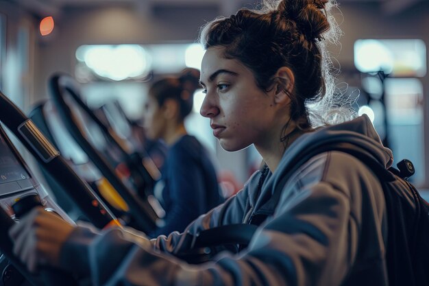 Una donna che guarda una macchina in una palestra