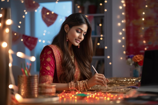 Una donna che indossa abiti tradizionali indiani sta decorando il suo ufficio per la festa di Diwali