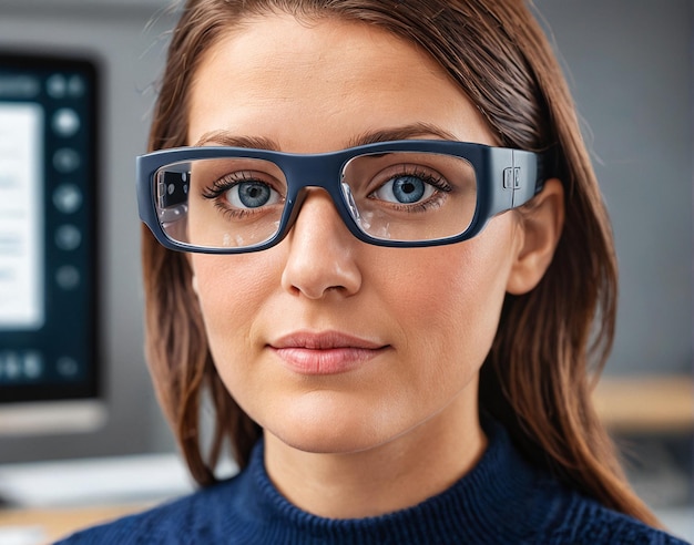 una donna che indossa gli occhiali davanti a un computer