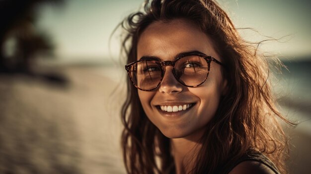 Una donna che indossa gli occhiali su una spiaggia