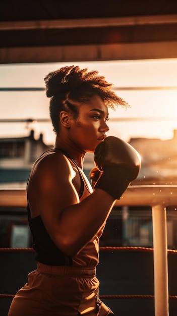 Una donna che indossa guanti da boxe in piedi su un ring di boxe immagine generativa ai