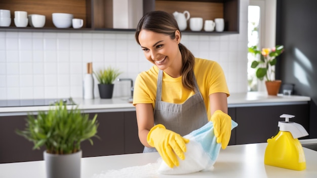 Una donna che indossa guanti gialli e tiene una bottiglia di spray con un sorriso sul viso