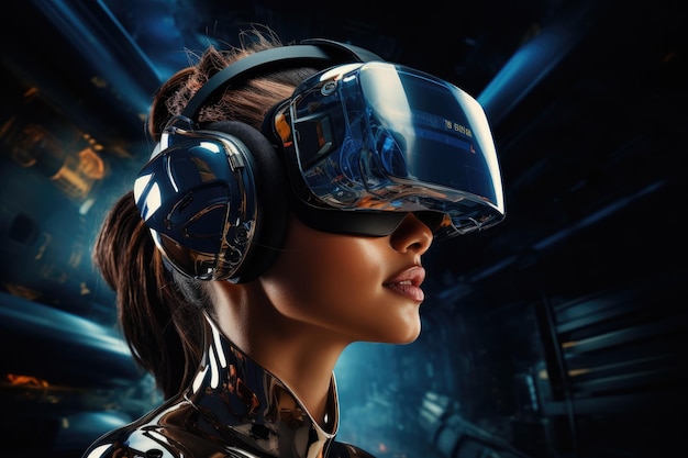 Una donna che indossa l'auricolare VR utente mondo surreale e realtà virtuale campi di fiori colorati IA generativa