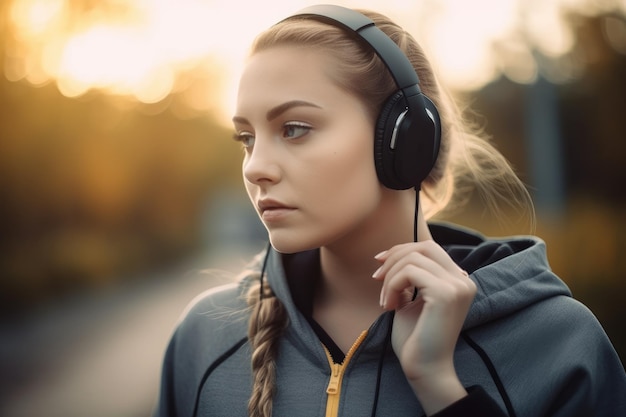 Una donna che indossa le cuffie e una giacca sta distogliendo lo sguardo.