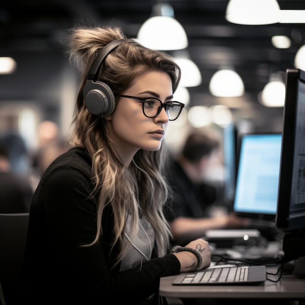 una donna che indossa le cuffie mentre lavora al computer