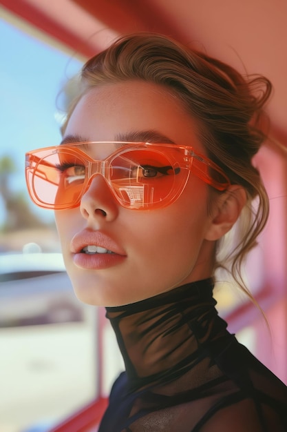 Una donna che indossa occhiali da sole arancioni e un top nero