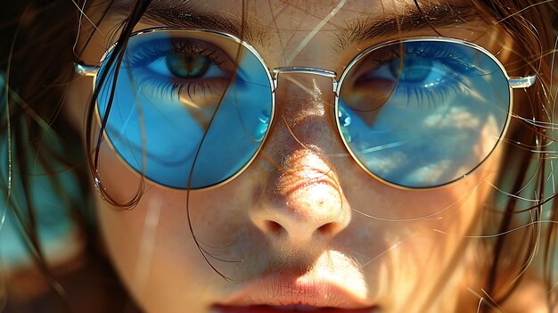 una donna che indossa occhiali da sole con gli occhi blu e un riflesso di una donna negli occhiali da giorno