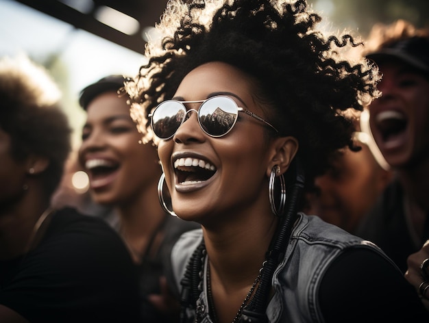 una donna che indossa occhiali da sole con un sorriso che dice "sole" sul viso