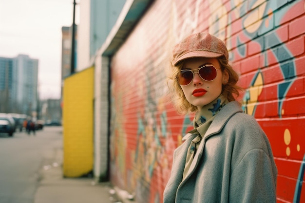 una donna che indossa occhiali da sole e un cappello si trova di fronte a un muro di graffiti