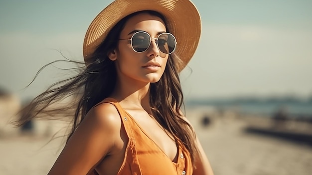 Una donna che indossa occhiali da sole e un cappello si trova su una spiaggia.