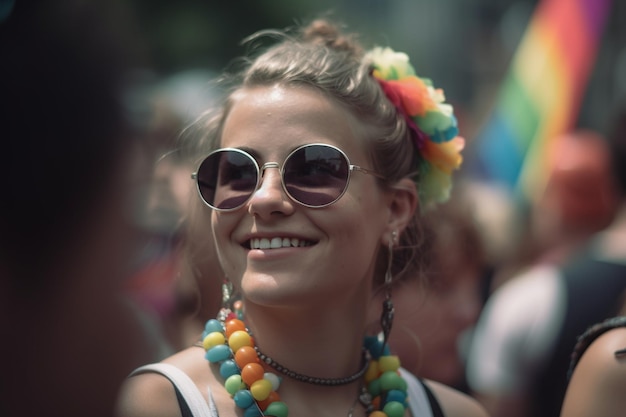 Una donna che indossa occhiali da sole e un fiocco per capelli color arcobaleno sorride alla telecamera.