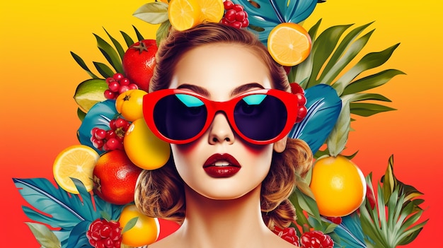 una donna che indossa occhiali da sole rossi con un mucchio di frutta davanti a lei.