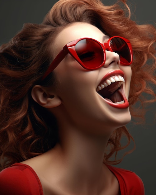 una donna che indossa occhiali da sole rossi e ride