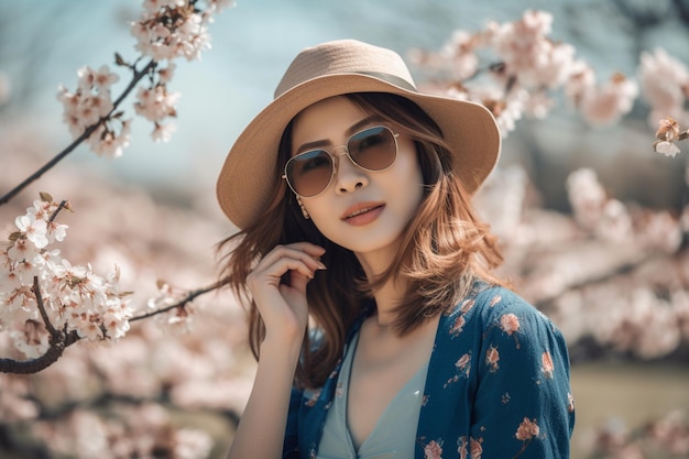 Una donna che indossa occhiali da sole si trova di fronte a un albero di ciliegio in fiore.