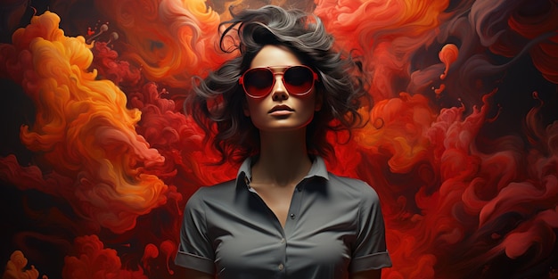una donna che indossa occhiali da sole si trova di fronte a uno sfondo colorato.