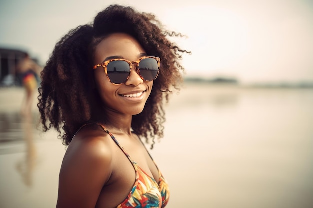 Una donna che indossa occhiali da sole su una spiaggia