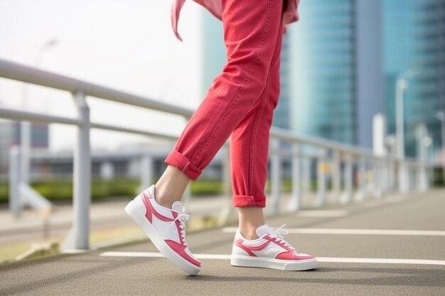 una donna che indossa pantaloni rosa e un paio di scarpe bianche e rosa sta correndo lungo una strada