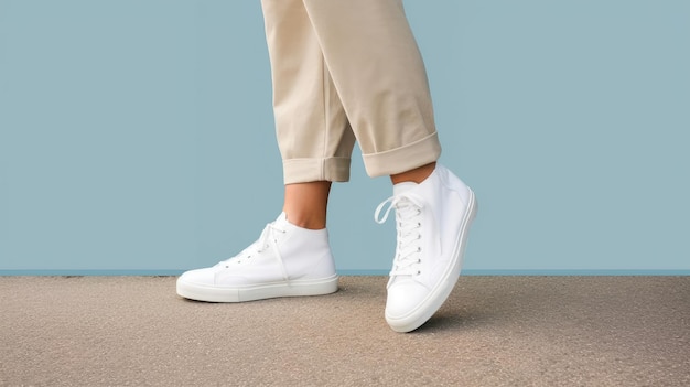 Una donna che indossa scarpe da ginnastica bianche si trova di fronte a un muro blu.