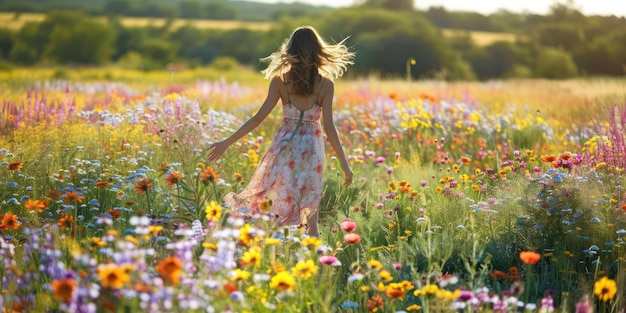 Una donna che indossa un abito da sole e si gode il sole in un campo di fiori selvatici