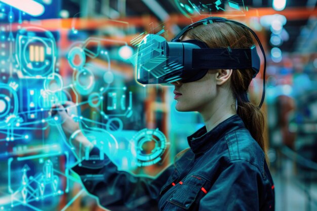 Una donna che indossa un auricolare di realtà virtuale che sperimenta un mondo digitale