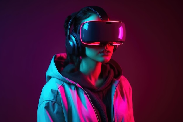 Una donna che indossa un auricolare di realtà virtuale con le parole " virtuale " in basso.