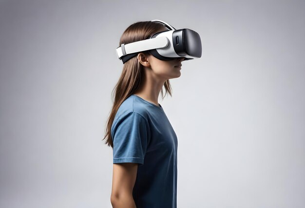 una donna che indossa un auricolare di realtà virtuale con uno sfondo bianco