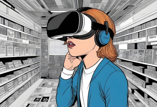 una donna che indossa un auricolare di realtà virtuale è in una stanza con una grande quantità di libri sul pavimento