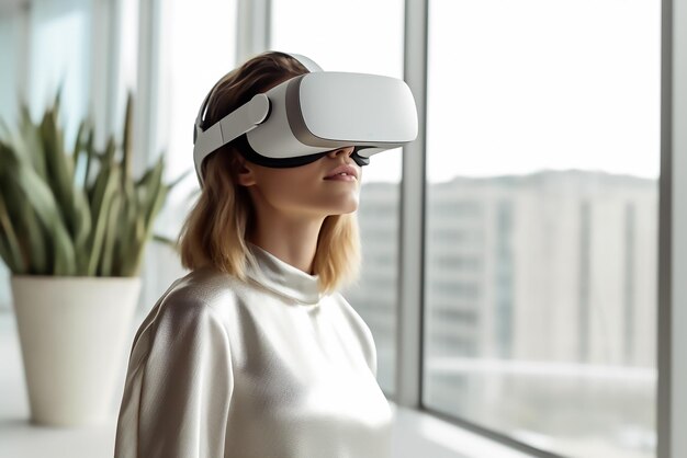 Una donna che indossa un auricolare di realtà virtuale guarda fuori da una finestra.