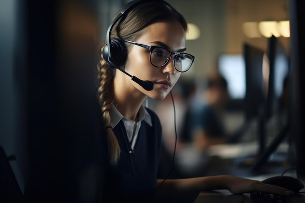 Una donna che indossa un auricolare è seduta al computer in un ufficio buio.