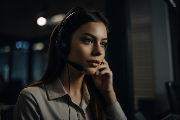 Una donna che indossa un auricolare guarda la telecamera.