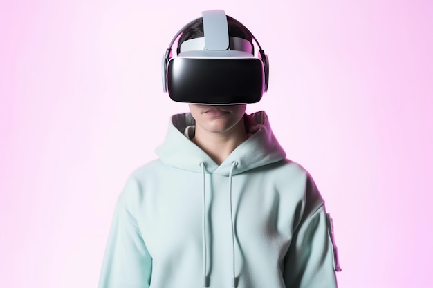 una donna che indossa un auricolare per realtà virtuale su sfondo rosa