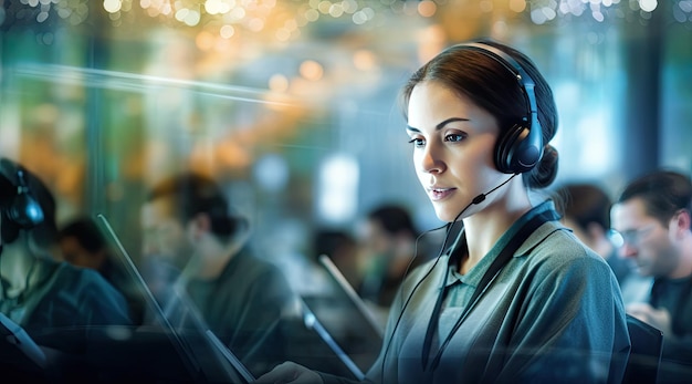 Una donna che indossa un auricolare sta lavorando in un call center.