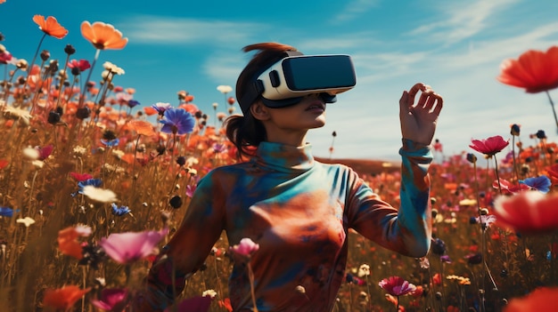 Una donna che indossa un auricolare VR usa un mondo surreale