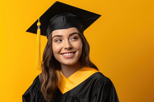 Una donna che indossa un berretto e un abito da laurea sorride alla telecamera.