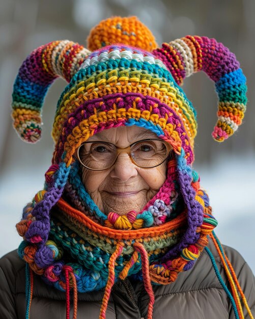 una donna che indossa un cappello che dice fatto a maglia