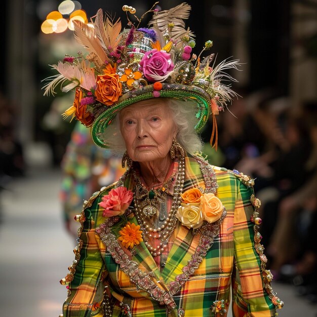 una donna che indossa un cappello con dei fiori