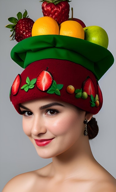 Una donna che indossa un cappello con sopra della frutta