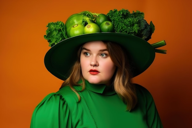 Una donna che indossa un cappello con un cappello verde con sopra la scritta mele