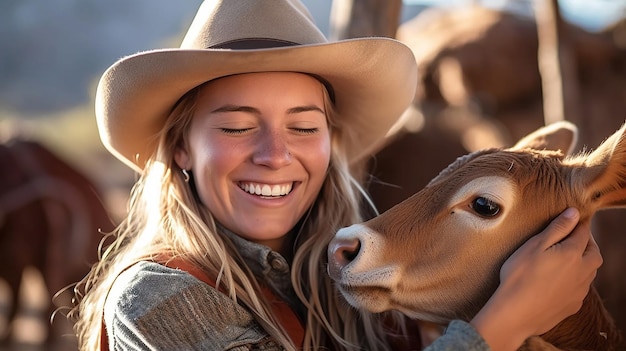 Una donna che indossa un cappello da cowboy sorride a una mucca